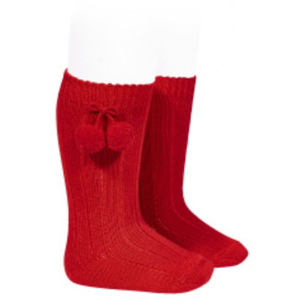 Red Knee High Pompom Socks - The Little Darlings