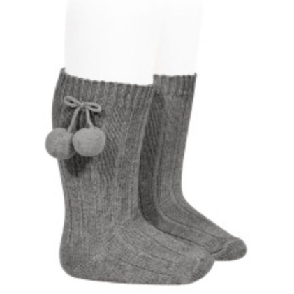 Light Grey Knee High Pompom Socks - The Little Darlings