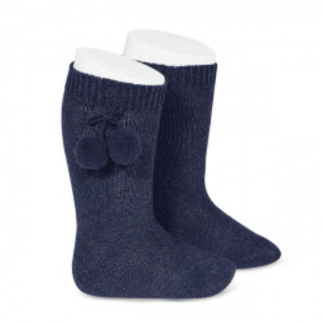 Navy Knee High Socks with Pom Poms - The Little Darlings