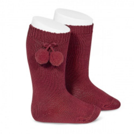 Burgundy Knee High Pom Pom Socks - The Little Darlings